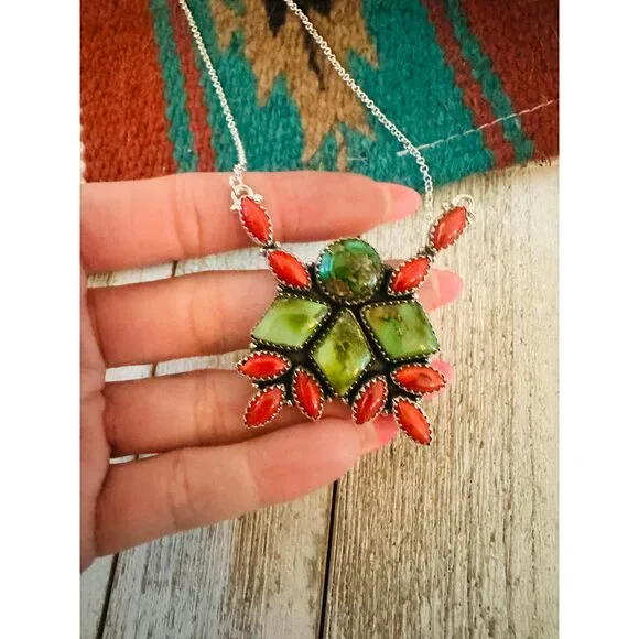 ** Christmas Collection ** Handmade Sterling Silver, Turquoise & Coral Necklace